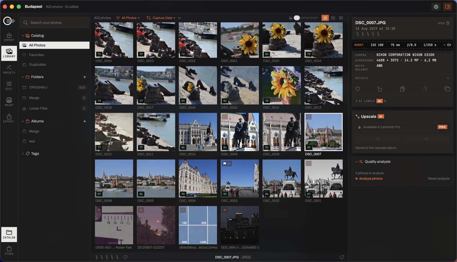 Lensmith's library: a grid of photographs with quality scores, collections and folders on the left, and the camera data of the selected frame on the right.